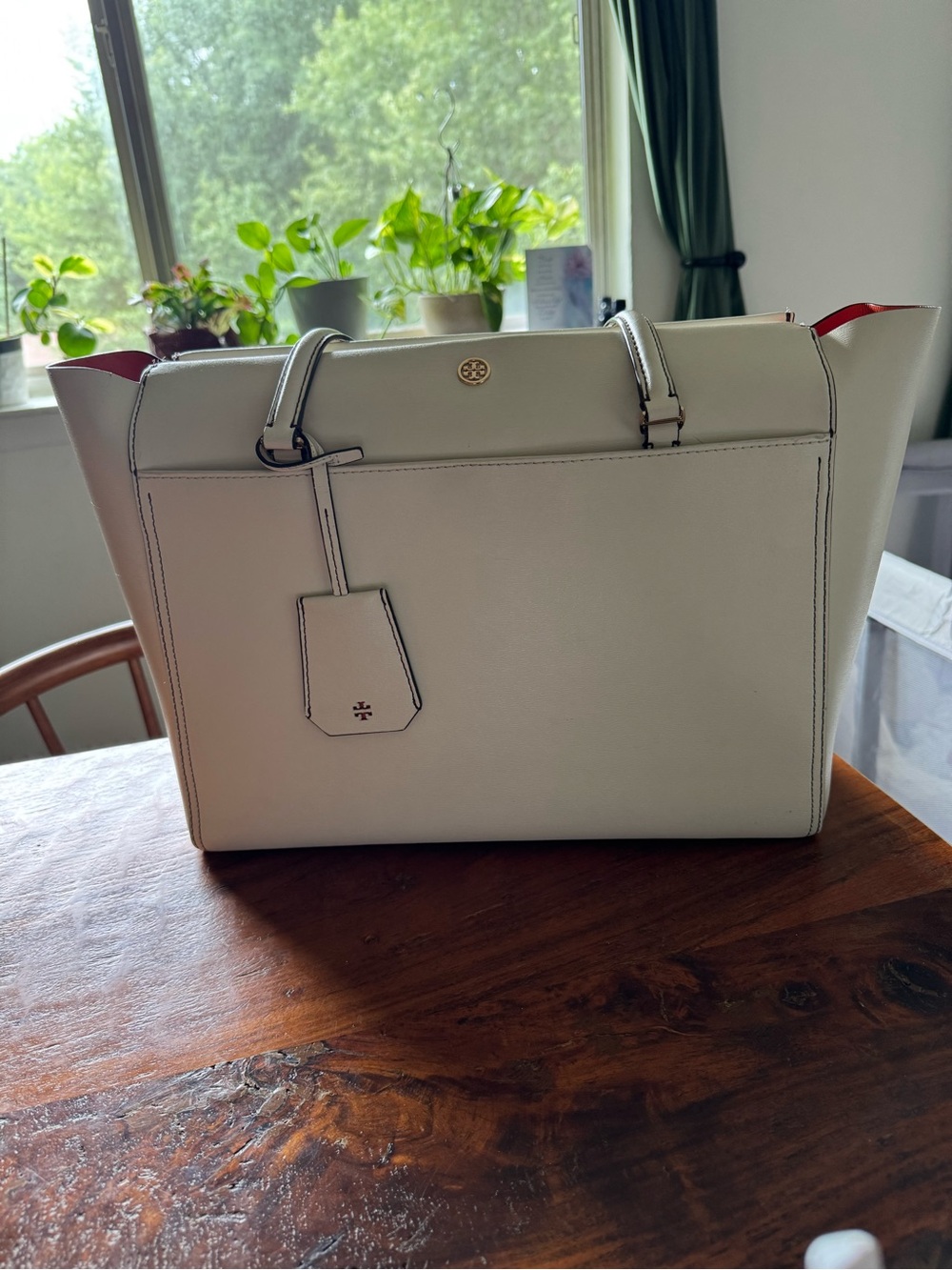 Tory Burch White Leather Double-Handle Tote with Logo Charm